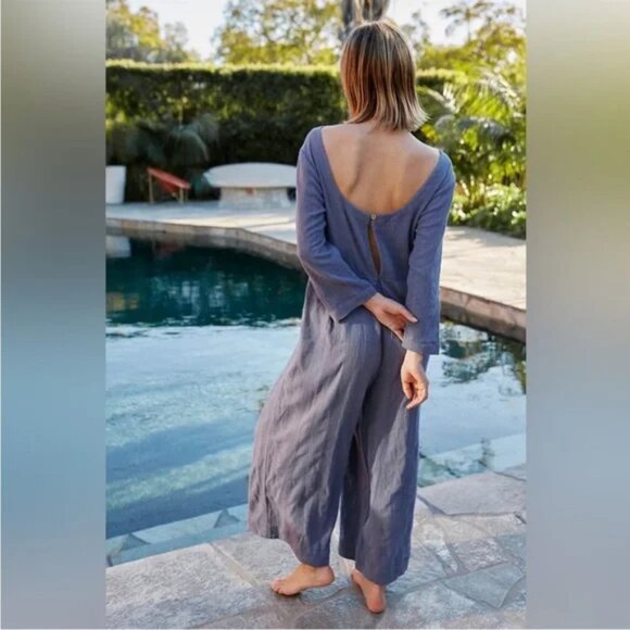 Free People Blue Shiloh Cotton Linen Blend One-Piece Jumpsuit in Wild Moon - Picture 2 of 10